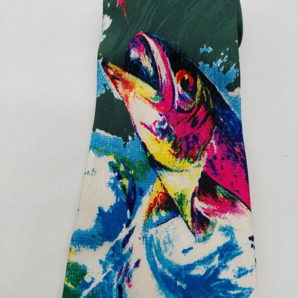 Richard Wallich Mens Sports Necktie Tie Fishing Rainbow Trout Silk 4"x57" - Picture 2 of 8